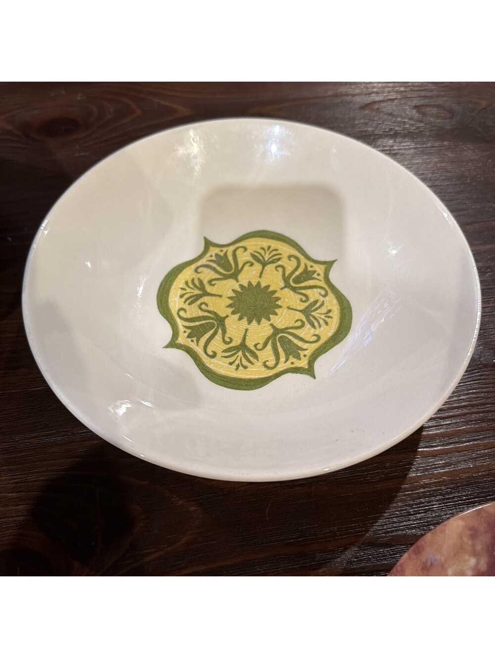 vintage Royal China small cereal bowl with a green and yellow medallion floral
